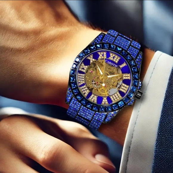 EMAYSPORIUM Men's Caroti Blue and Gold Bling Watch-(NWT)
